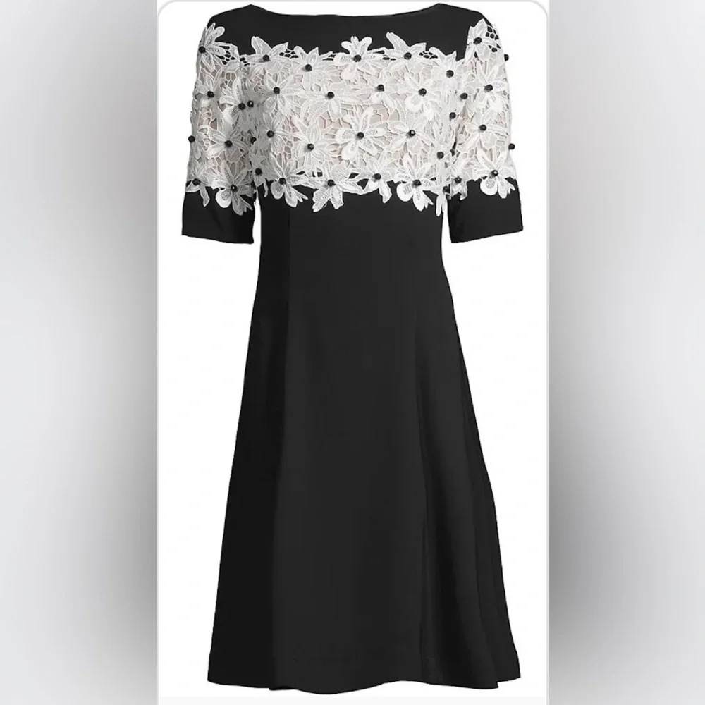 Shani Lace Fit & Flare dress, black with white lace and black beads. Women’s 6.